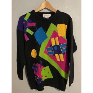 Vintage Santoria Sweater Womens Small Black Colorful Geometric Knit Artsy 1992
